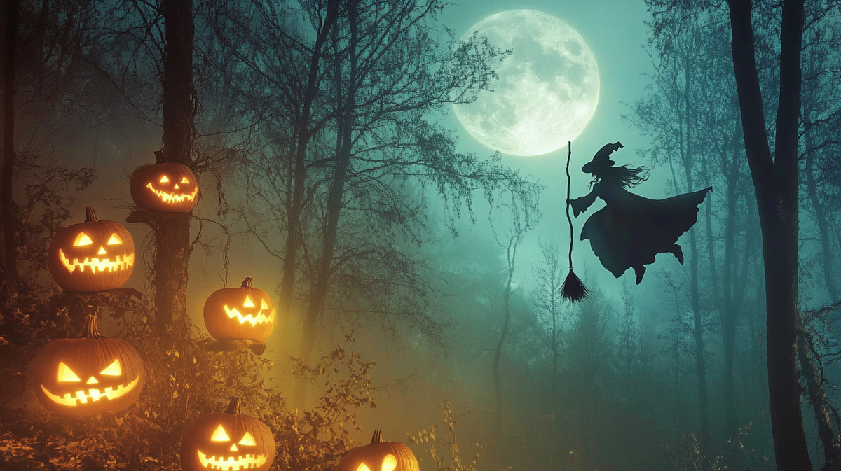ПРОМПТ: A haunted forest at night with twisted, gnarled trees and glowing jack-o'-lanterns, a witch flying on a broom in the sky under a full moon, dark fantasy style, detailed textures, high contrast shadows, eerie atmosphere --c 10 --ar 16:9