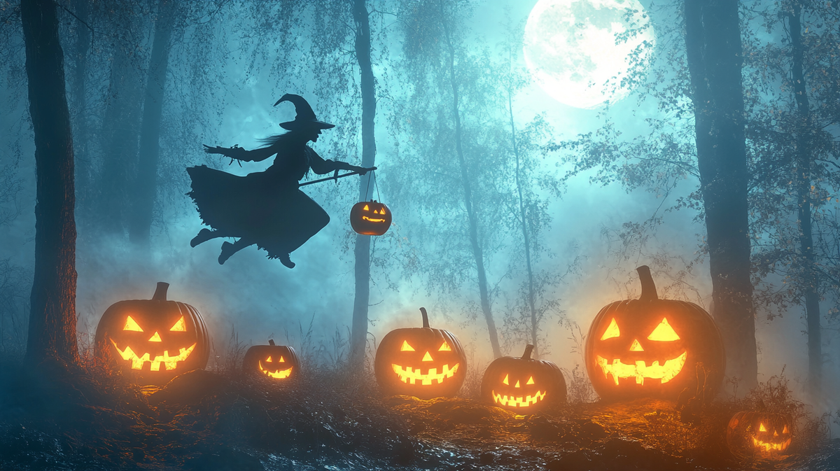 ПРОМПТ: A haunted forest at night with twisted, gnarled trees and glowing jack-o'-lanterns, a witch flying on a broom in the sky under a full moon, dark fantasy style, detailed textures, high contrast shadows, eerie atmosphere --c 10 --ar 16:9