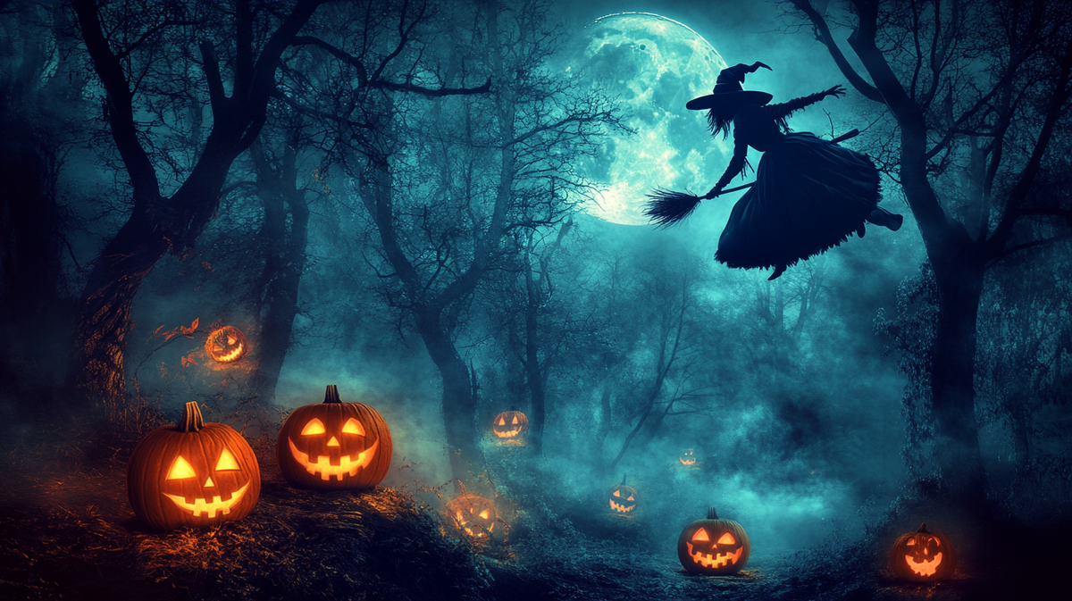 ПРОМПТ: A haunted forest at night with twisted, gnarled trees and glowing jack-o'-lanterns, a witch flying on a broom in the sky under a full moon, dark fantasy style, detailed textures, high contrast shadows, eerie atmosphere --c 10 --ar 16:9