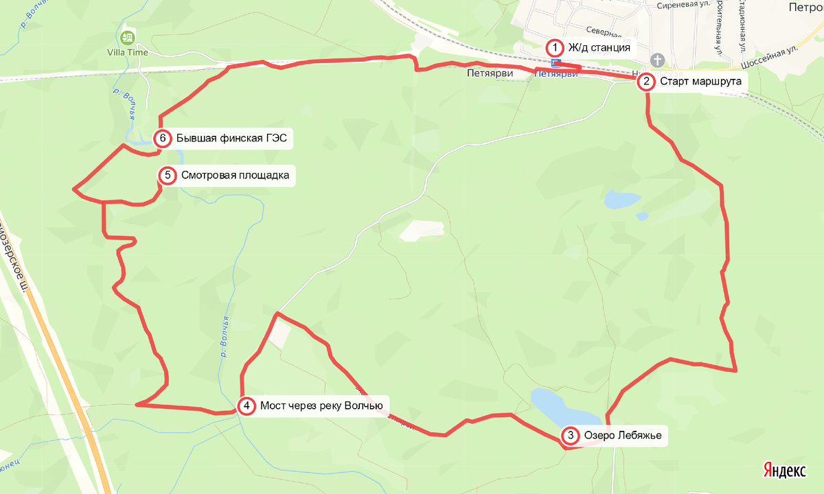 Нарисовала в конструкторе карт маршрут и основные объекты на нём, чтобы было нагляднее. 