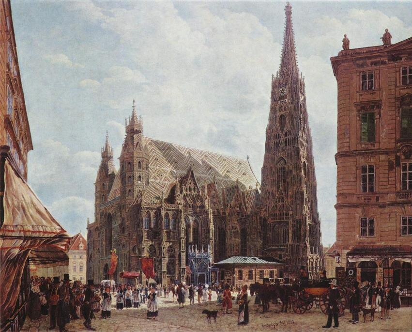 «Собор Святого Стефана в Вене» (1832), автор картины - Рудольф фон Альт, австрийский художник-акварелист.