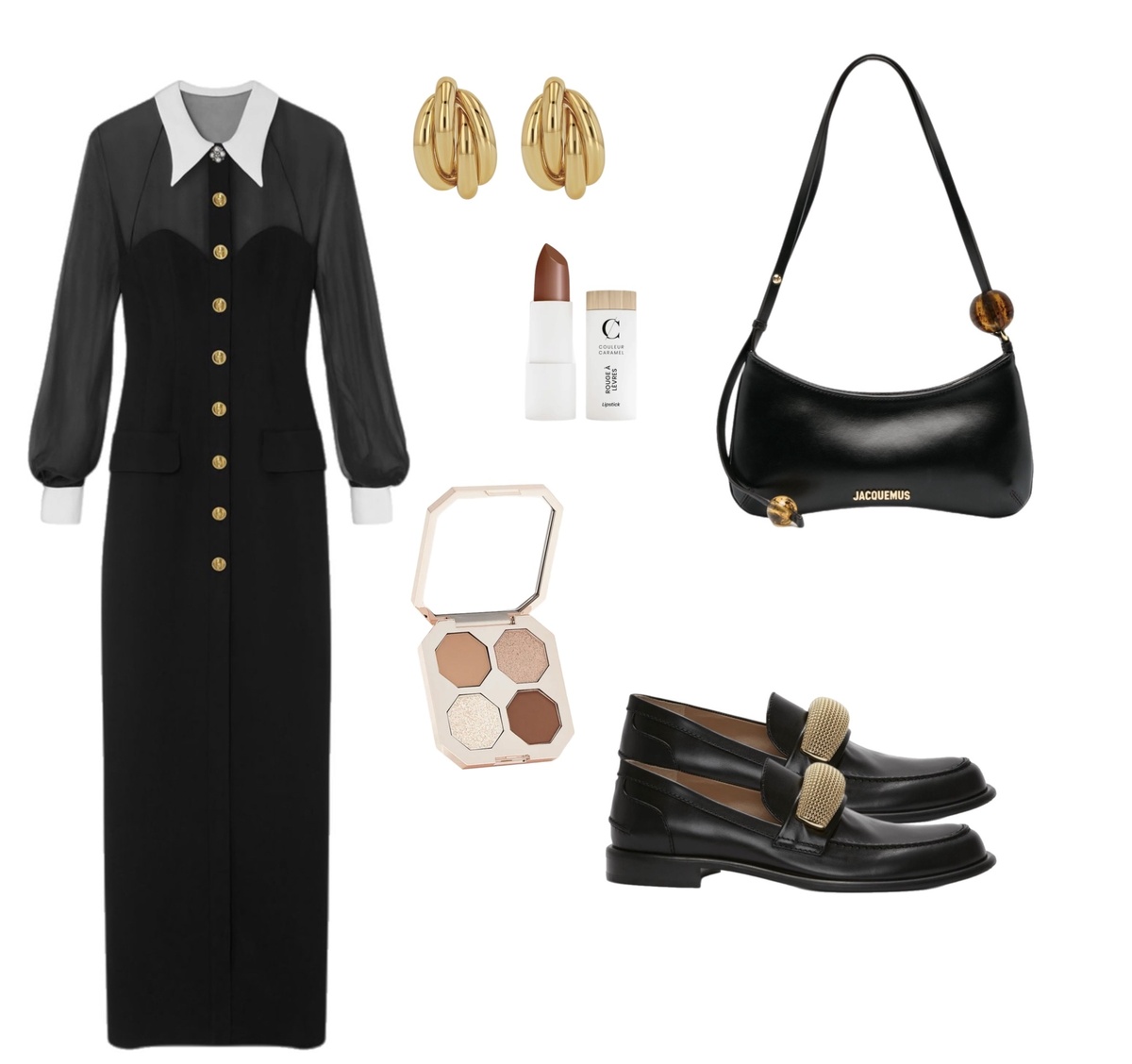 Шёлковое платье макси с лоферами и позолоченными серьгами