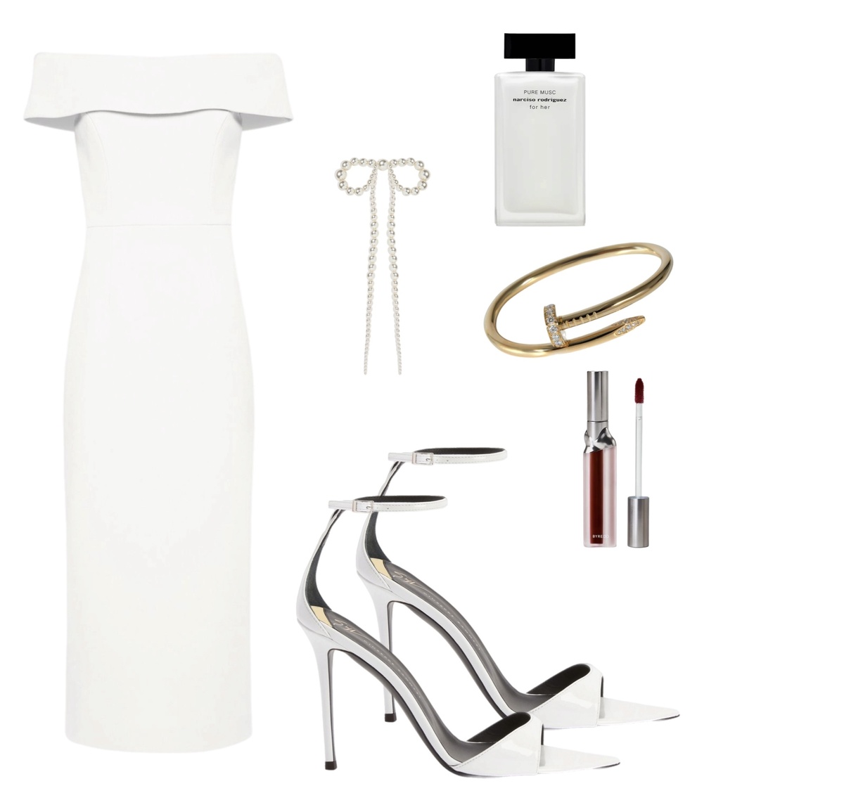 Платье миди с открытыми плечами и лакированными туфлями