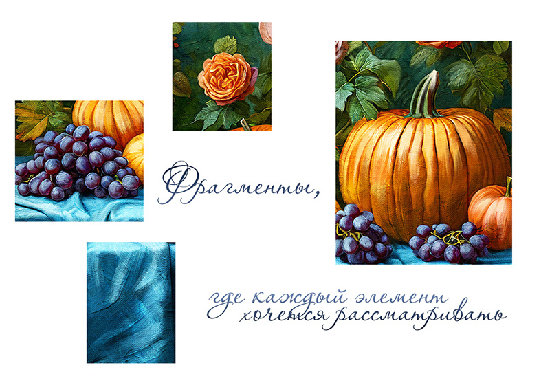 Фрагменты натюрморта «Аромат роз среди плодов летнего сада»