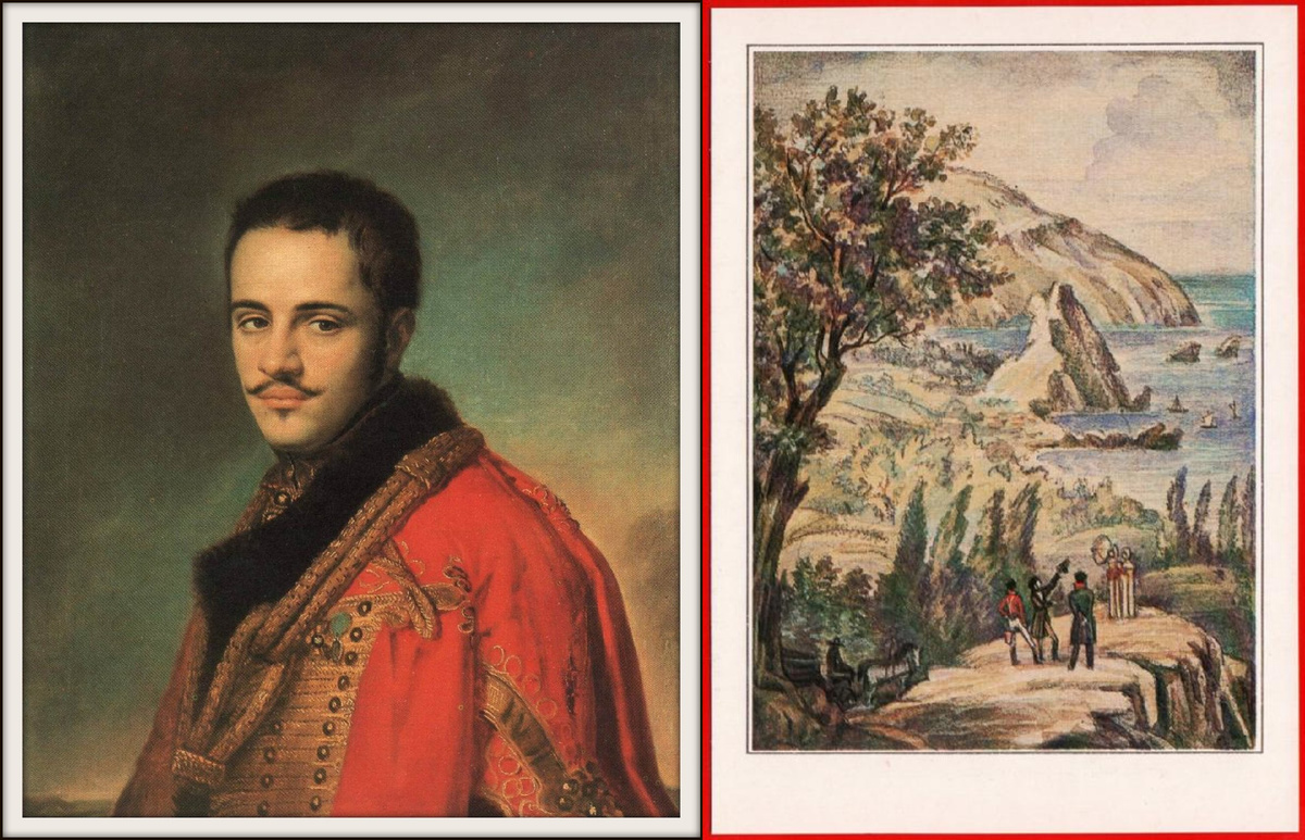 1. Николай Раевский-младший, портрет неизвестного художника, 1821 г. 2. Пушкин с семейством Раевских в Крыму, художник Иванов, 1987 г.