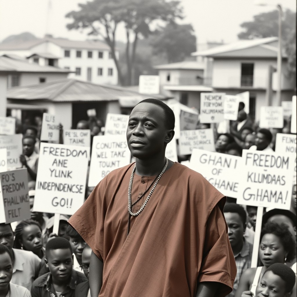 Кваме Нкрума на митинге за независимость, окруженный сторонниками, с плакатами за свободу на фоне африканского города.