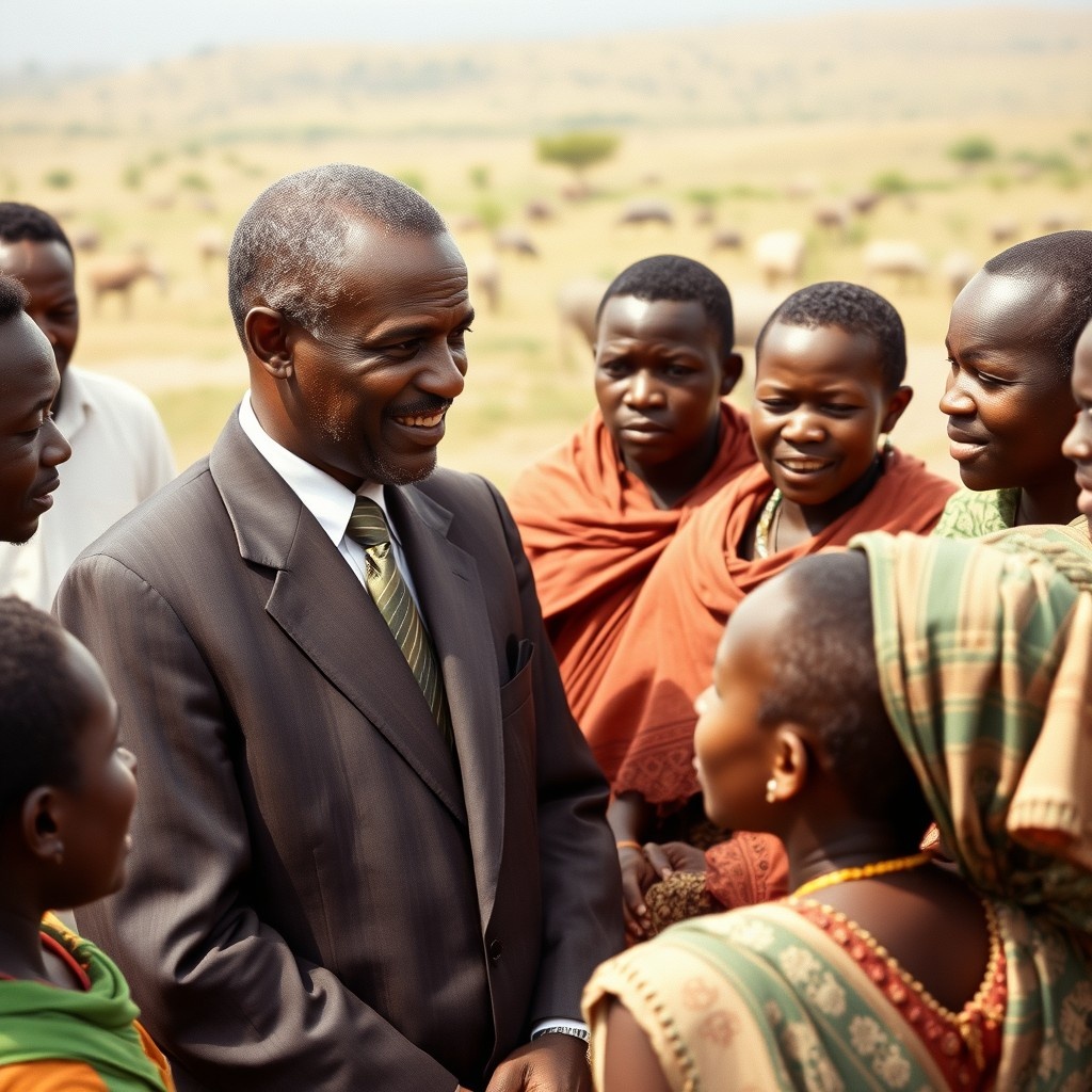 Джомо Кениата общается с жителями деревни, их лица выражают уважение и надежду на будущее Кении.