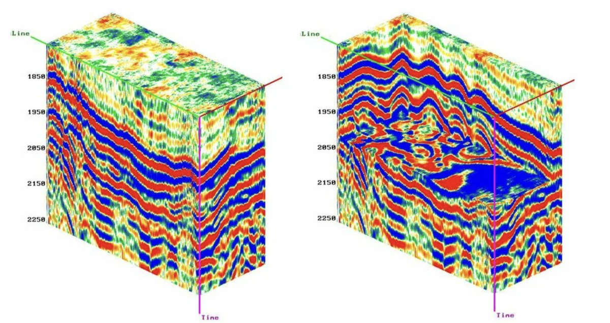 В левой части визуализированный куб в пространственном представлении по технологии 3D. В правой части для детализации из куба вырезана прямоугольная часть. 