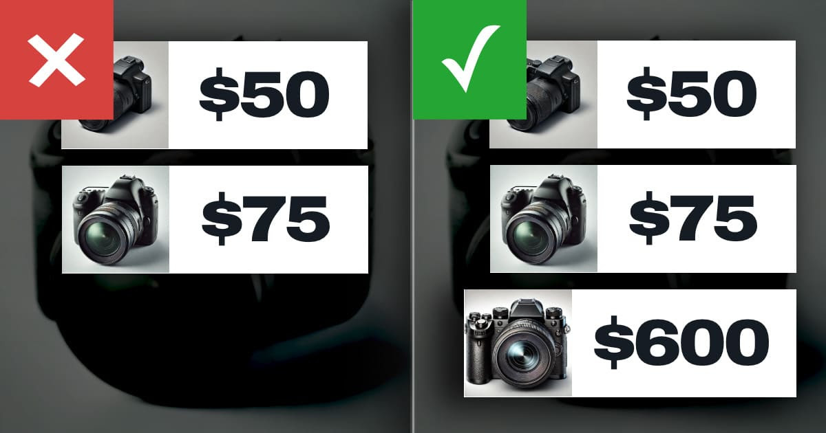 Факт из исследования: в каталоге с 8 фотоаппаратами стоимостью от 50 до 75 долларов покупатели были готовы потратить больше, когда увидели фотоаппарат стоимостью 600 долларов.