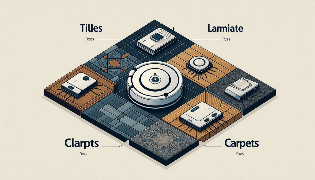 Изображение с различными типами полов (плитка, ламинат, ковры) и обозначением, какой робот-пылесос подходит для каждого из них