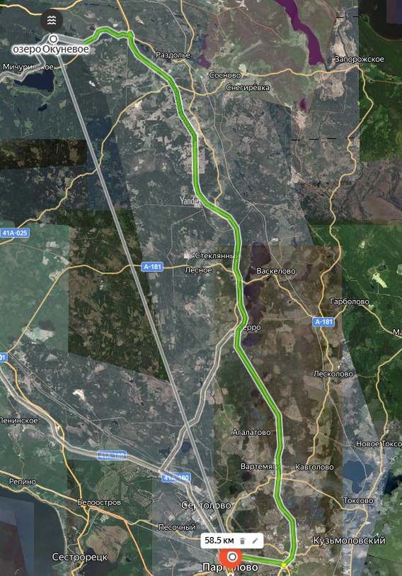 Расстояние до Окунёвого озера и маршрут до него.