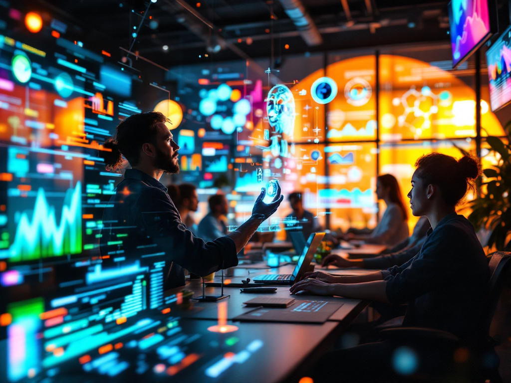 Сцена цифрового маркетинга: человек взаимодействует с ИИ интерфейсом. Vibrant SEO картины и аналитика.