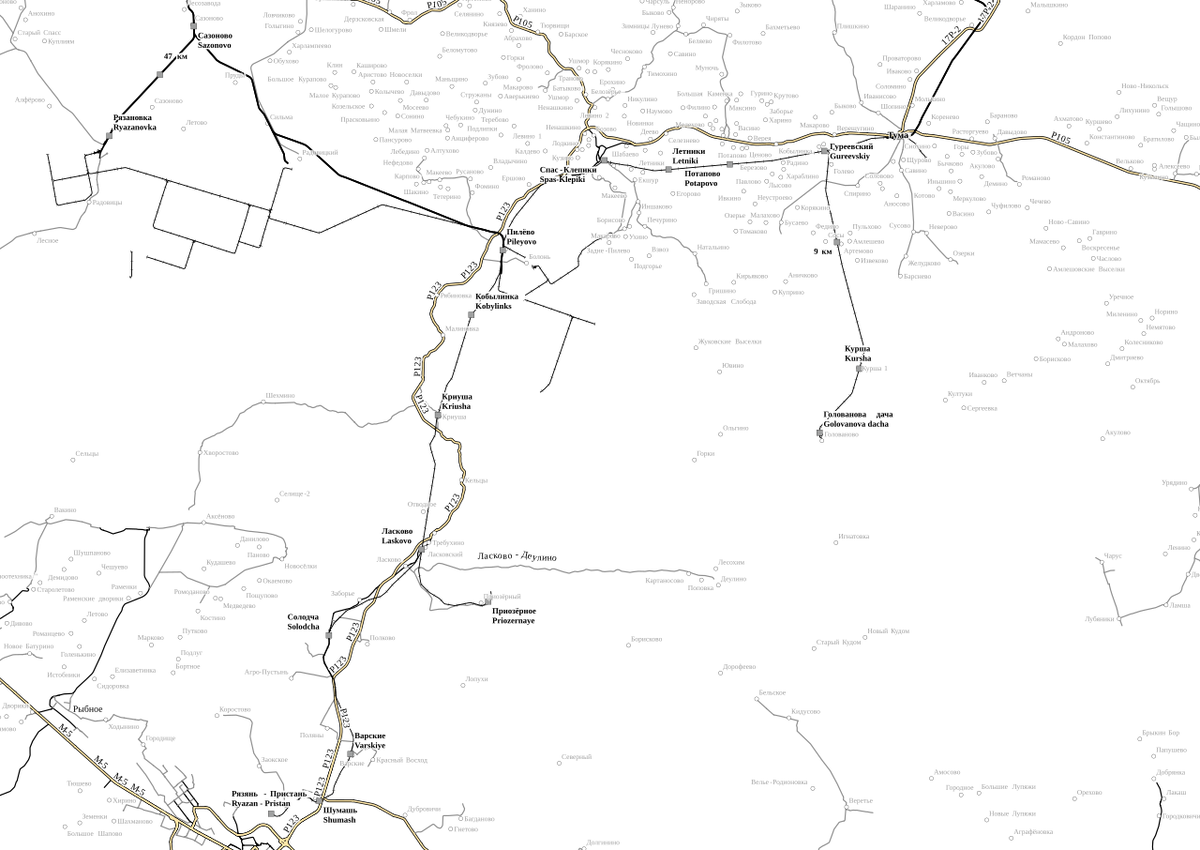 УЖД в 1974. Фото из Википедии. Жирные линии - железные дороги широкой колеи