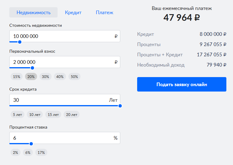 Расчет ипотеки по семейной программе 6%.