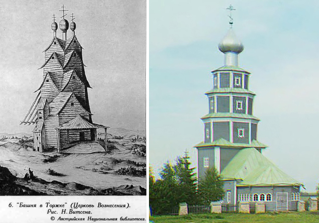 Тихвинская деревянная церковь в Торжке. Слева предположительно 1664-1665 год (рисунок Витсена), справа - 1910 год (фото Прокудина-Горского).