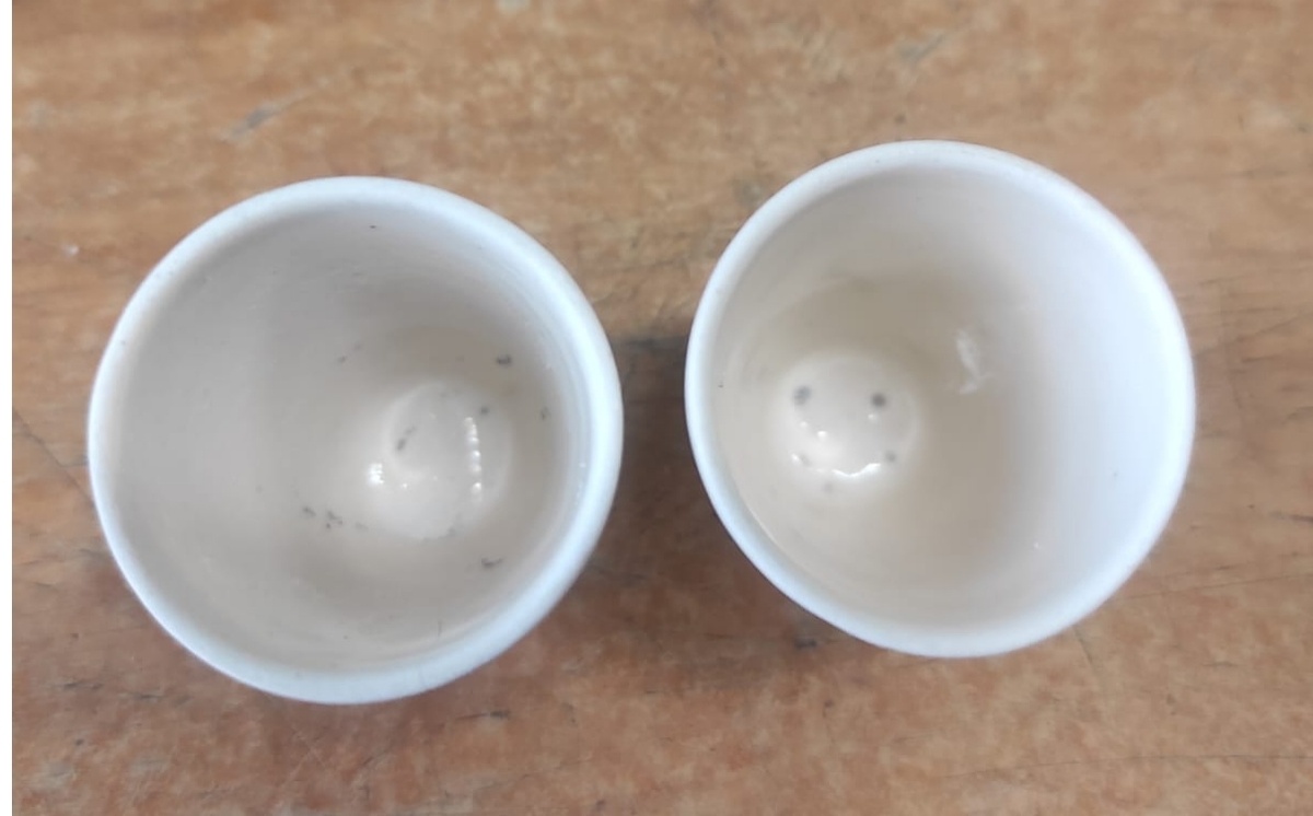 Фотография тиглей после отжига - слева исходные гранулы, а справа после промывки