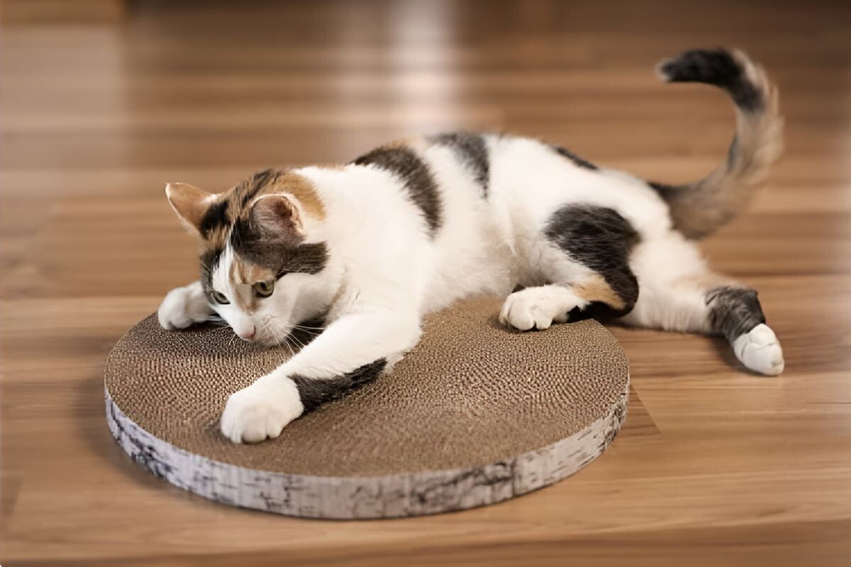 Кошка царапает напольную когтеточку 