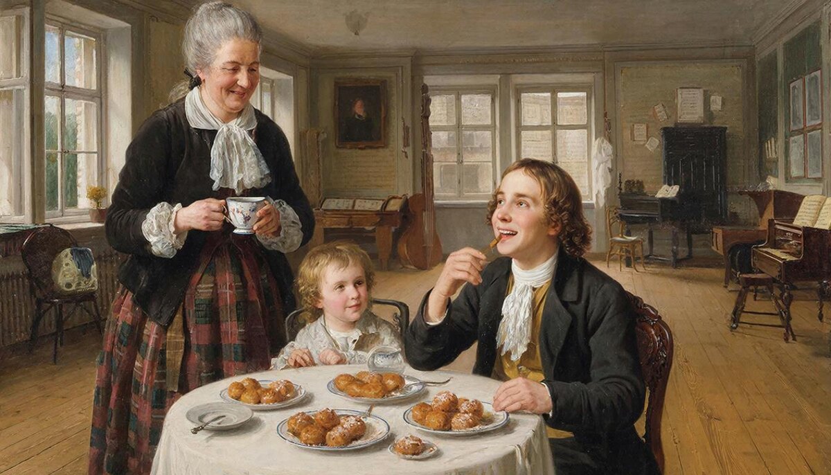 Таким Моцарта дома с семьёй увидела и нарисовала нейросеть. Вообще-то у него была старшая, а не младшая. И сестра, а не братец как на картинке. Но искусственный интеллект на то и искусственный, ничегошеньки он толком и не знает😄