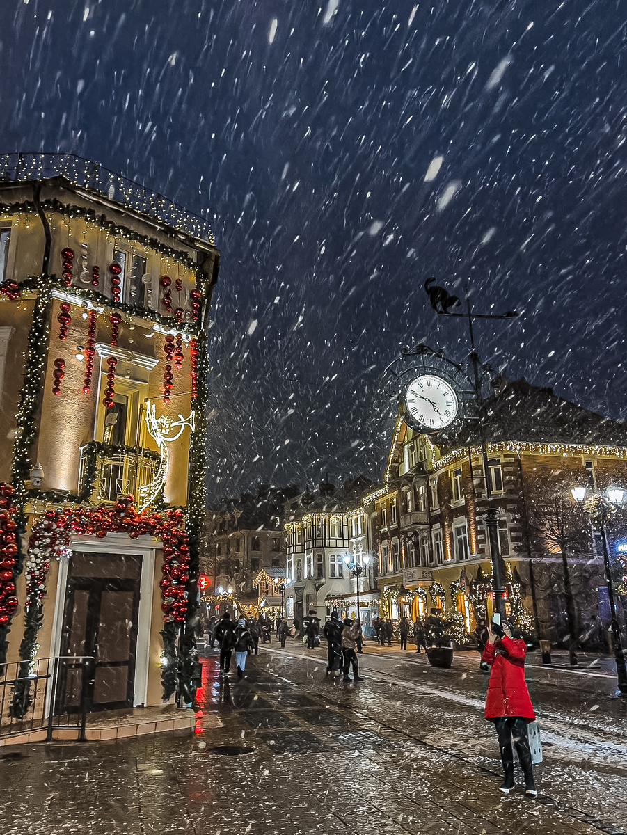 Ночной Зеленоградск в снегу, Курортный проспект 