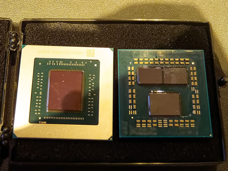 Слева - какой-то цельный видеочип. Справа - Ryzen 3900X без крышки.
Фото: IXBT