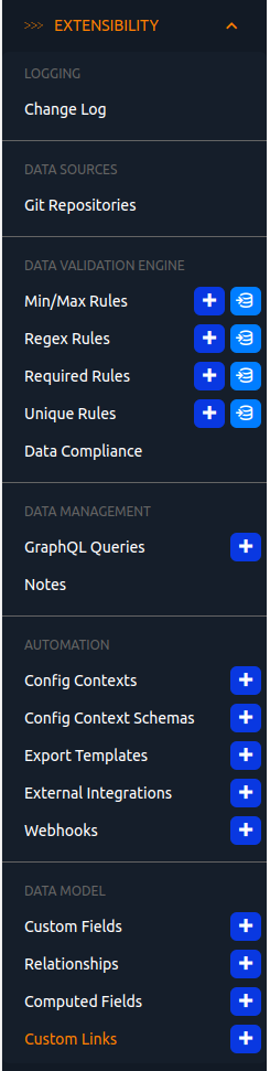 В меню навигации слева выберите EXTENSIBILITY», а затем выберите Custom Links» 