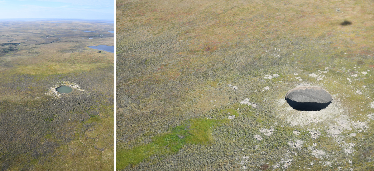 Кратеры, образовавшиеся после взрывного выброса природного газа на Ямале. Кратер на снимке слева заполнился водой и превратился в озеро. Источник: Евгений Чувилин/Сколтех