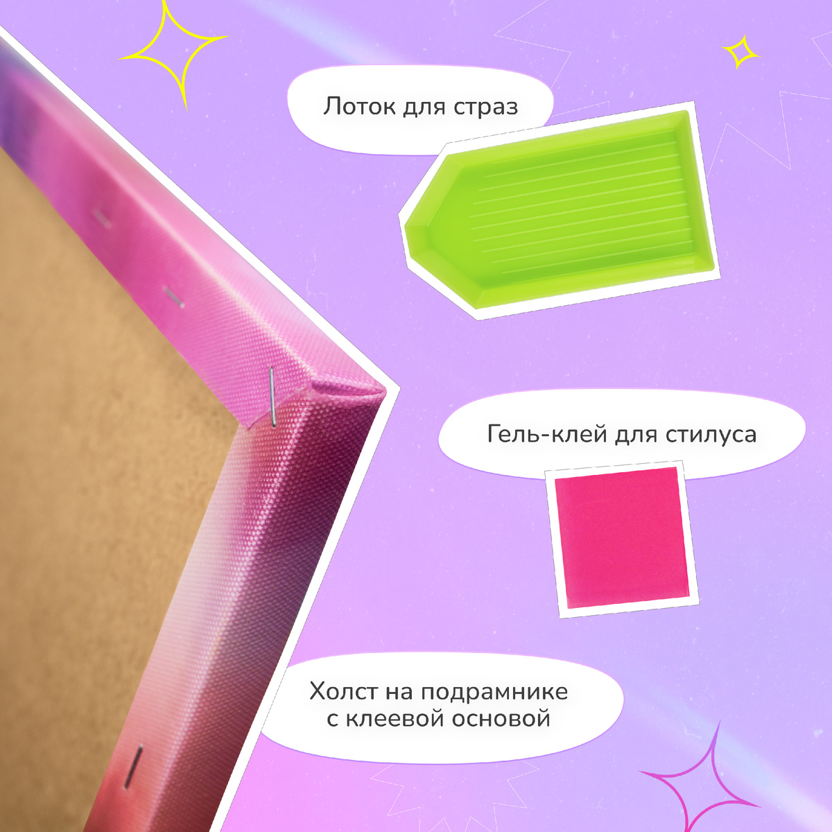 Холст на подрамноке с клеевой основой, лоток для страз, гель-клей для стилуса