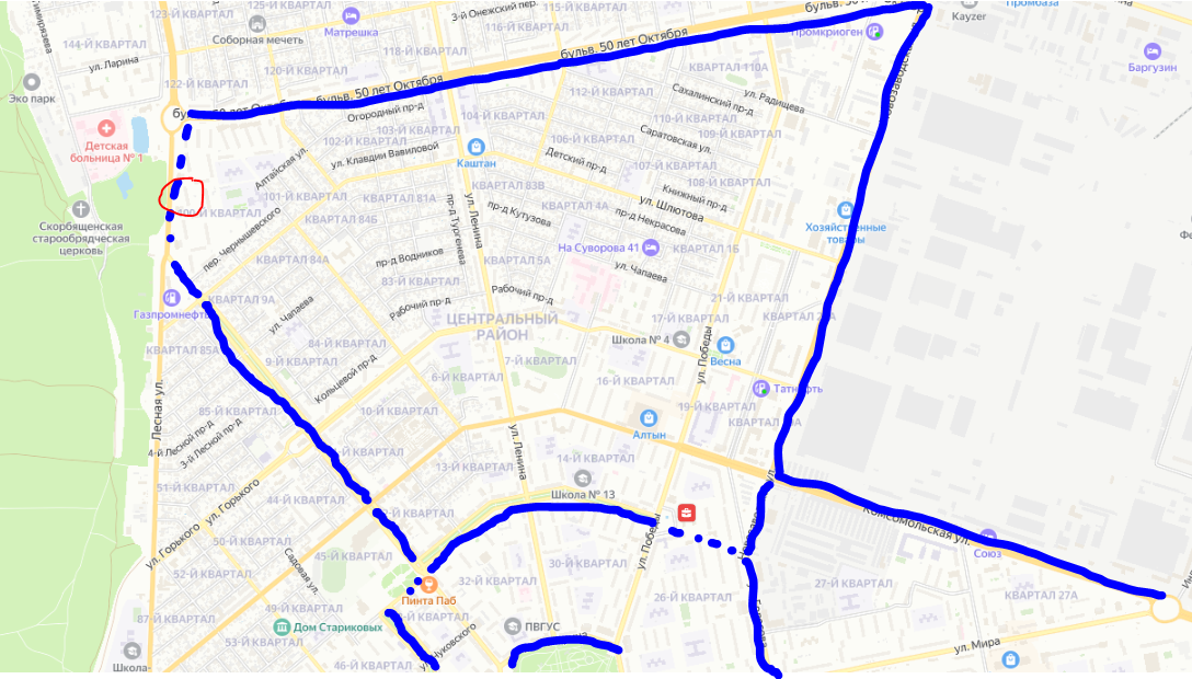 Синим на карте показана уже существующая (в разном состоянии) велопешеходная инфраструктура, красным выделена территория, о которой идет речь в заметке