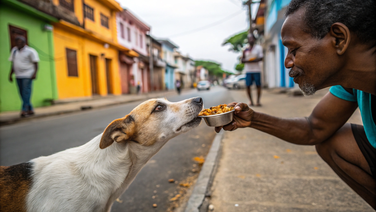 На Шри-Ланке местный житель кормит собаку