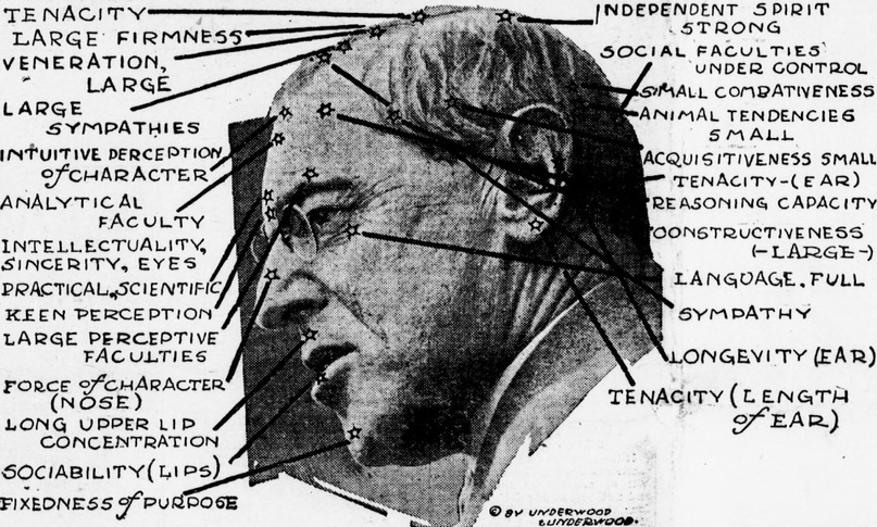 Френологический анализ президента США Вудро Вильсона, сделанный Джесси Фаулер