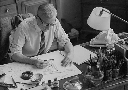 Жан Эффель за работой. Кстати, настоящее имя карикатуриста - Франсуа Лежён. Эф-Эль - это его инициалы.