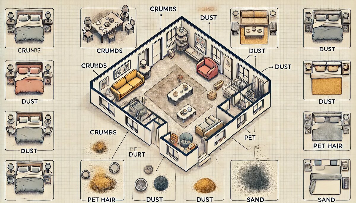 Схема, показывающая распределение мусора на полу перед тестом.