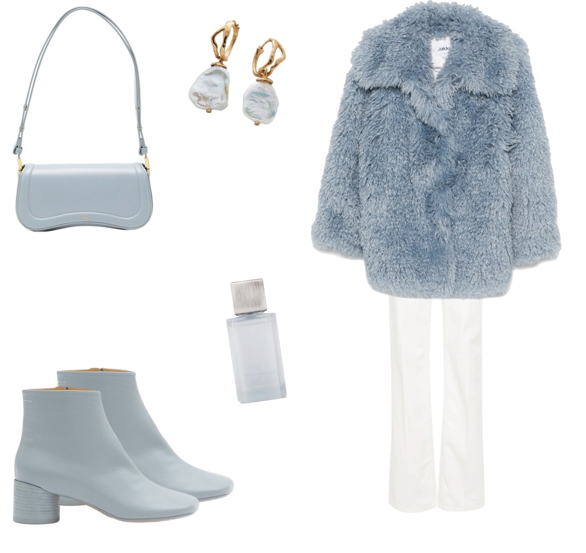 Трендовый образ в нежных оттенках.Пальто из искусственного меха с нежно-голубыми кожаными ботильонами. 