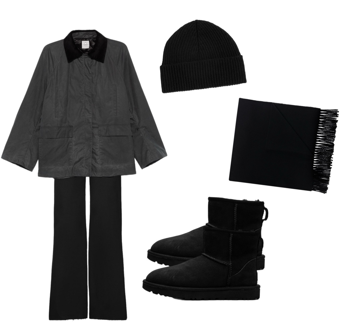 Чёрная куртка с вельветовым воротником и уггами Classic Mini,отлично подходит для вечерних прогулок.