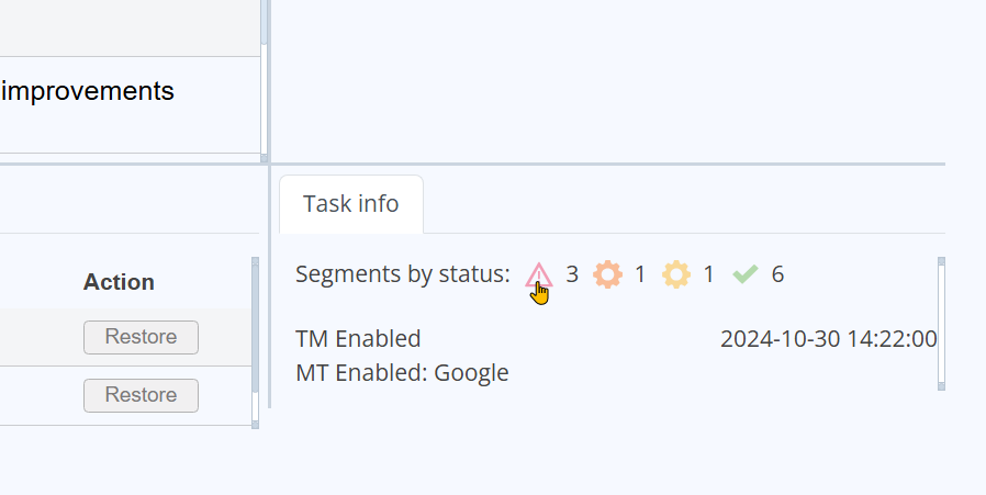 Активные кнопки фильтрации сегментов по статусам