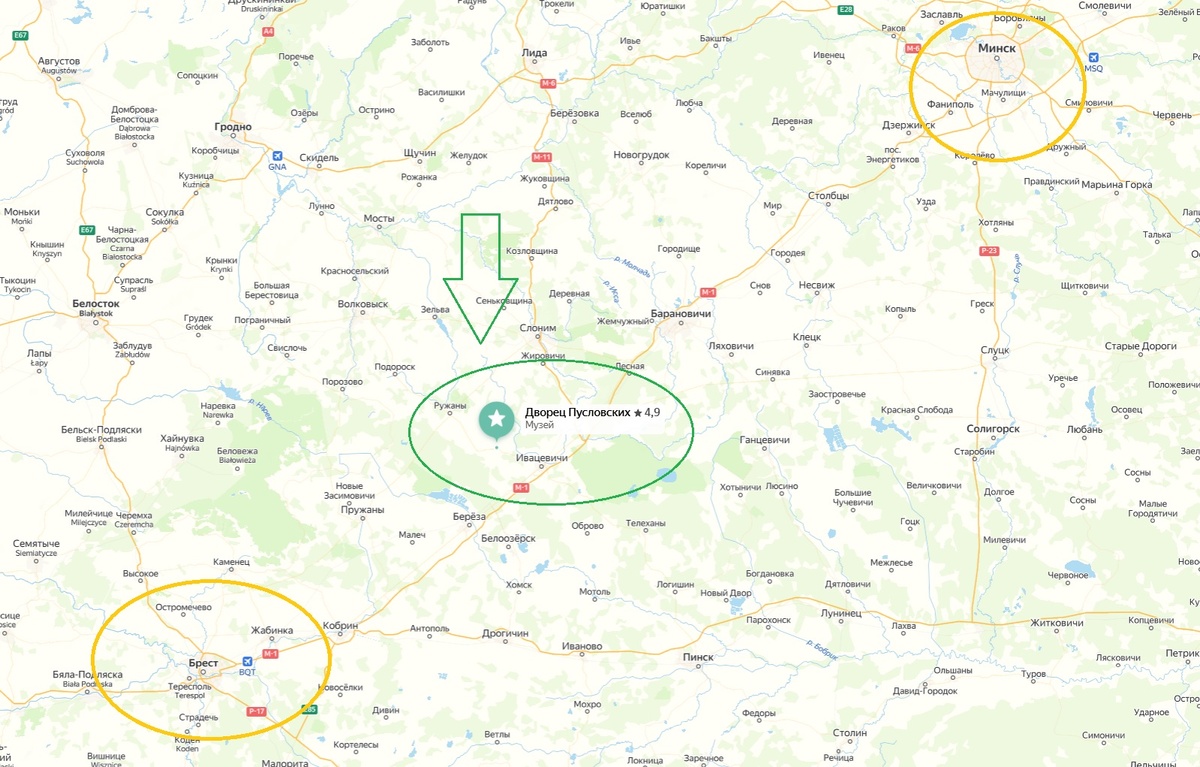 Коссово и Дворец Пусловских на Яндекс-карте