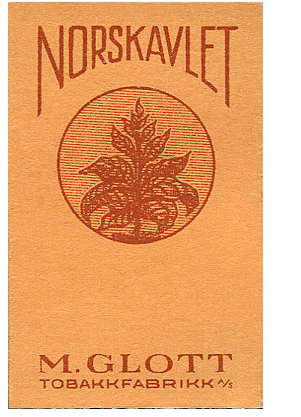 "Norskavlet". Норвегия, начало 1940-х годов. 10 штук в выдвижной коробке. Цена (была) 0,40 крон. Производитель: "M. Glott Tobakkfabrikk A/S". Владелец торговой марки: "M. Glott Tobakkfabrikk A/S".