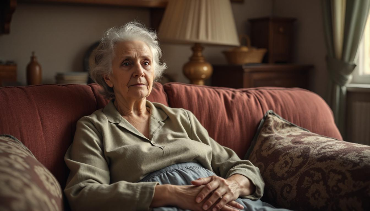 Пожилая женщина сидит на диване.