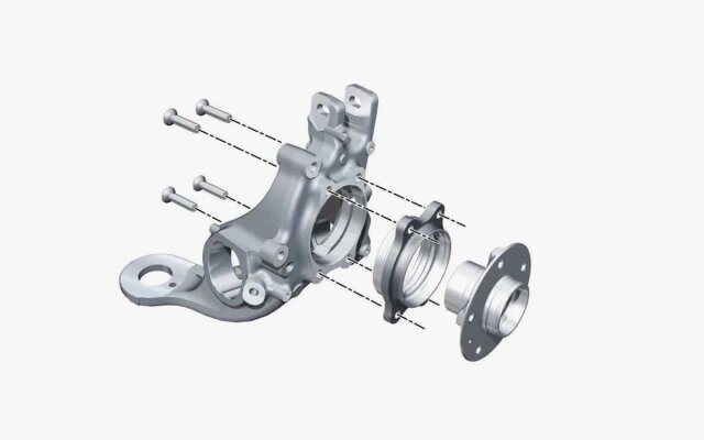 Кулак подвески, корпус ступицы и сама ступица. Две последние детали (и более мелкие, которых на схеме нет, включая подшипники) составляют ступичный узел. В данном случае корпус ступицы закрепляется на кулаке болтами (Фото: vag-technique.fr)