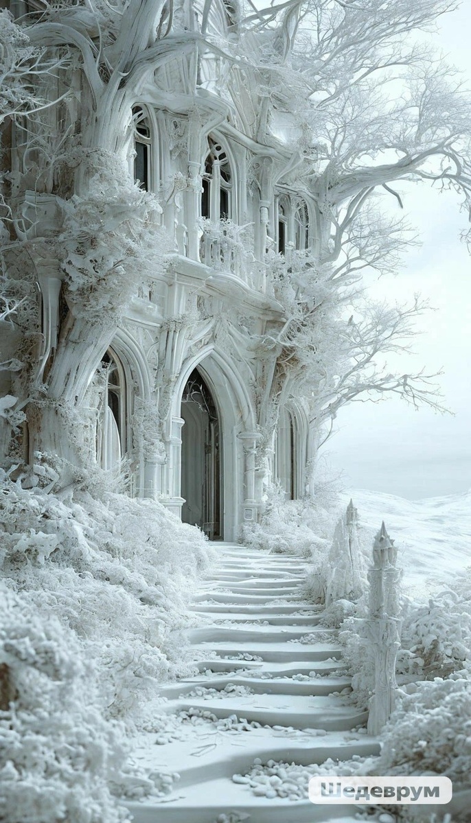 Изображение сгенерировано в нейросети Шедеврум на канале Попутный ветер - заледеневший дом
