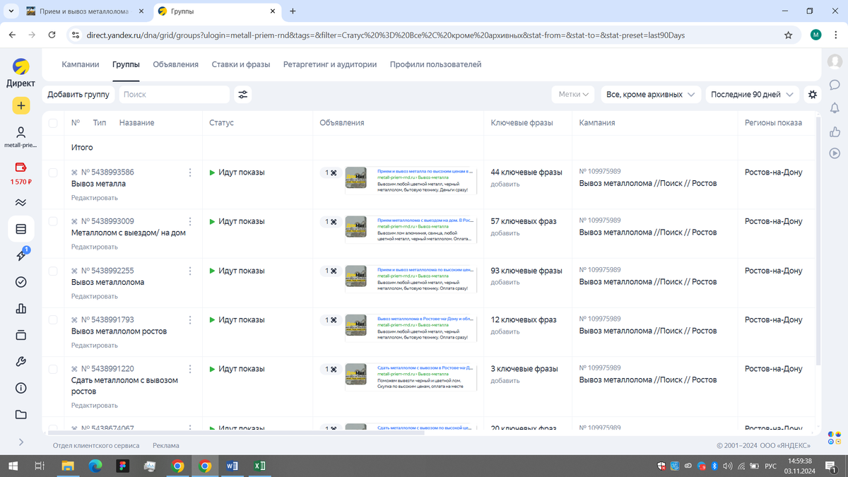 Скриншот из рекламного кабинета Яндекс Директ