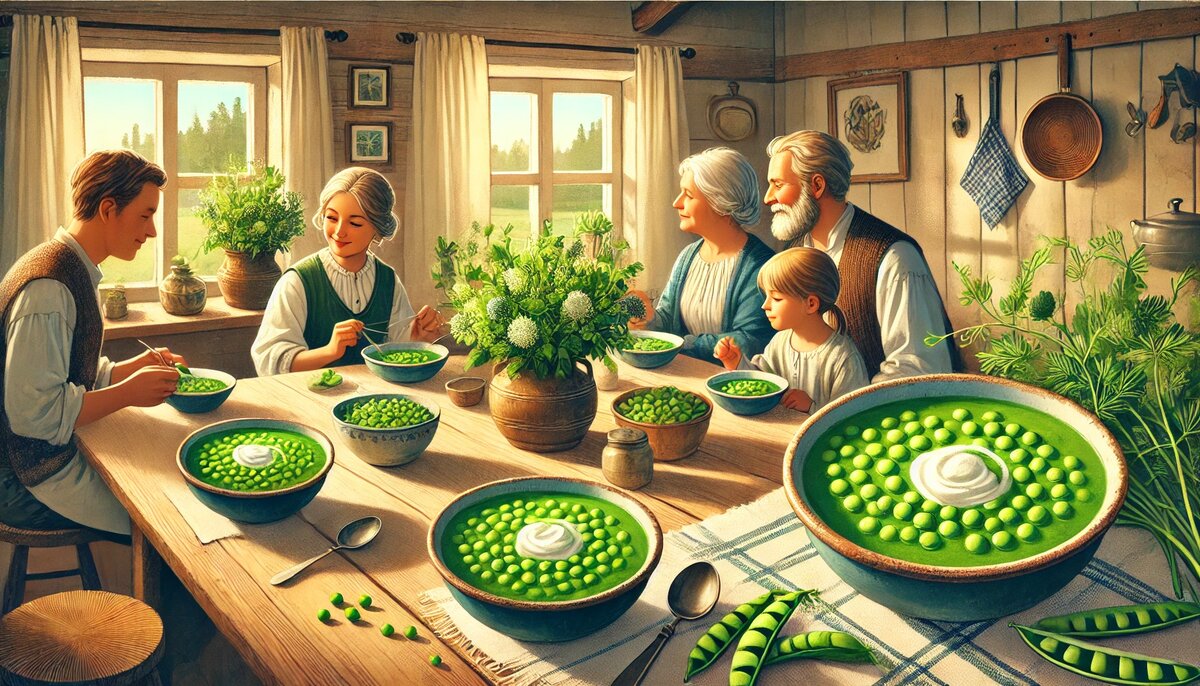 Традиции вокруг зелёного горохового супа Grön ärtsoppa (сгенерировано DALL-E)