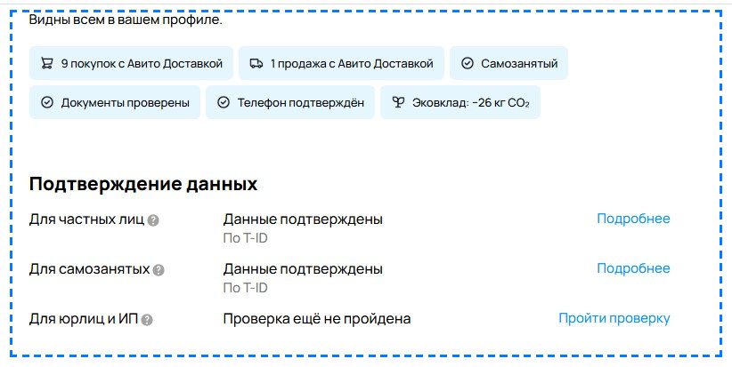 Так выглядит подтверждение данных в профиле Авито 