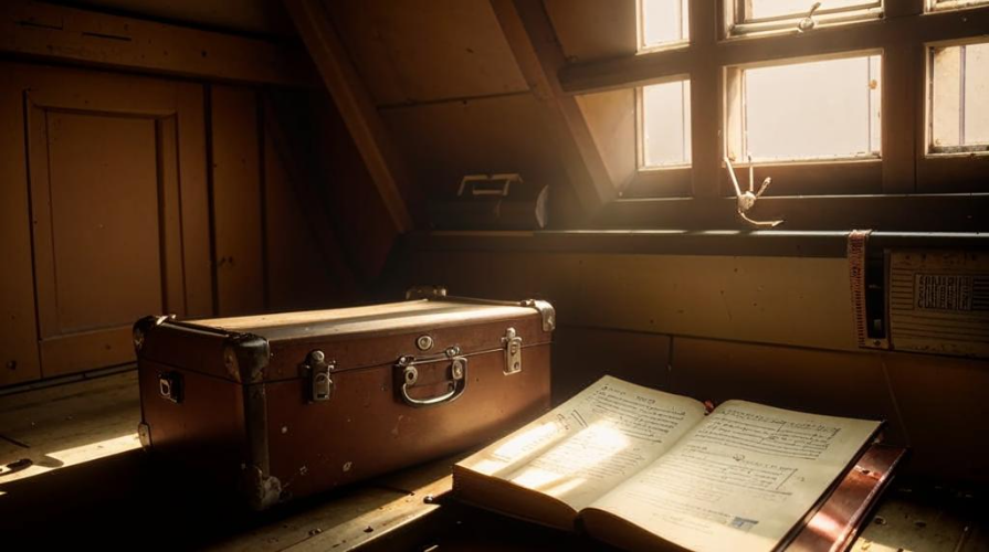 Старый чердак, освещённый мягким солнечным светом, пробивающимся через окно.