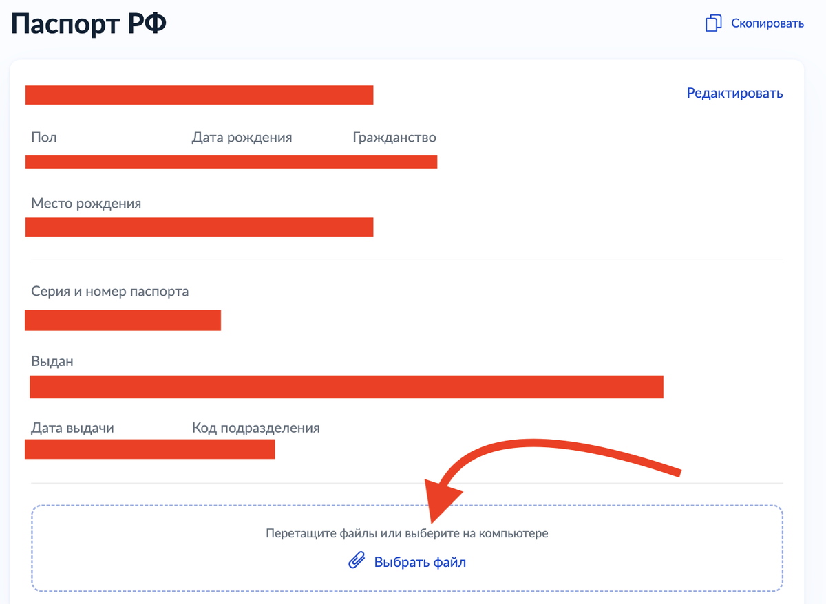 Здесь можно загрузить файлы вашего паспорта. Но не стоит этого делать!