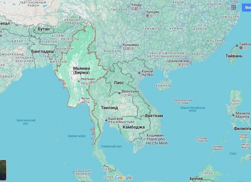  Мьянма. Карта. Скриншот: Google maps
