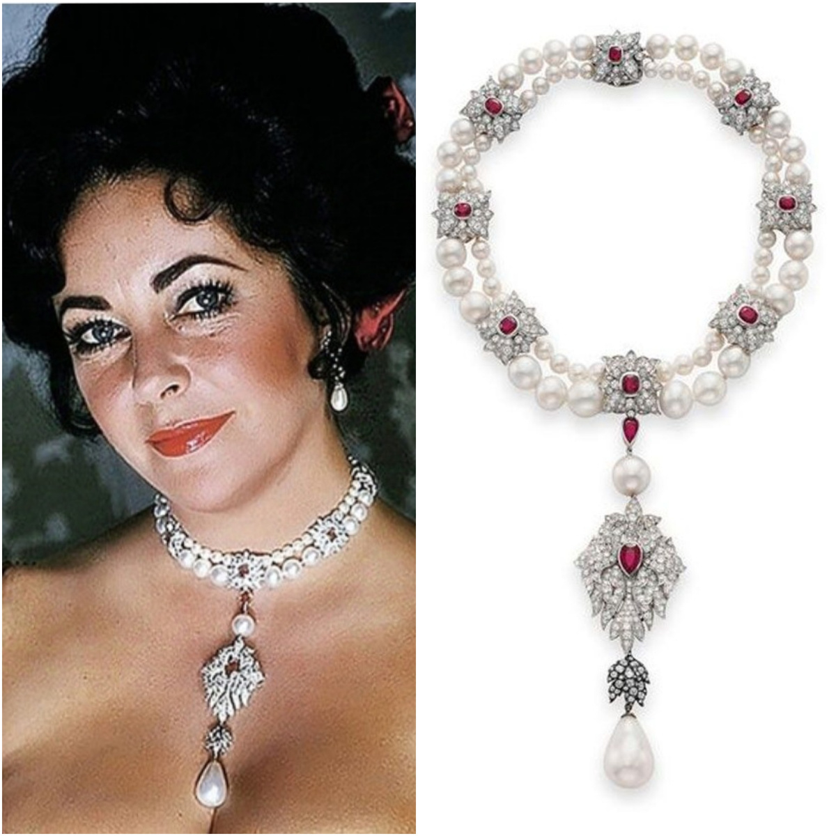 Ожерелье Элизабет Тейлор украшает жемчужина XVI века "La Peregrina" 58,5 карата стоимостью 37 000 долларов. Темнокожему рабу, выловившему ее 500 лет назад, была за это дарована свобода. В 2011 году, после смерти актрисы, «блуждающую жемчужину» продали с аукциона за рекордные 11,8 млн долларов (коллаж автора, фото из открытых источников в интернете) 