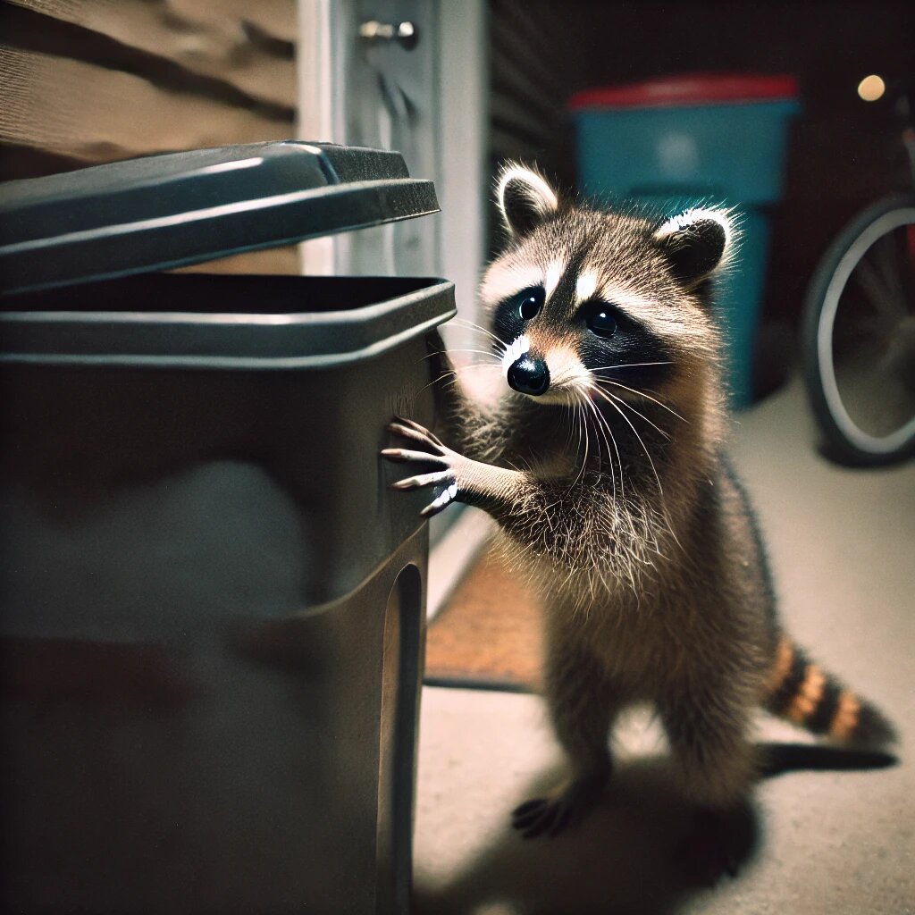 Енот в раздумьях, как открыть мусорный бак — это для него лишь вопрос времени!
