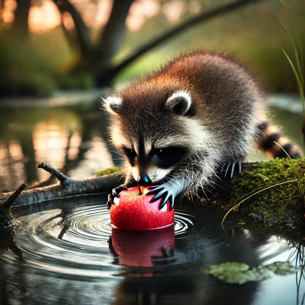 Енот тщательно моет яблоко — старая традиция, сохранившаяся с диких времен!