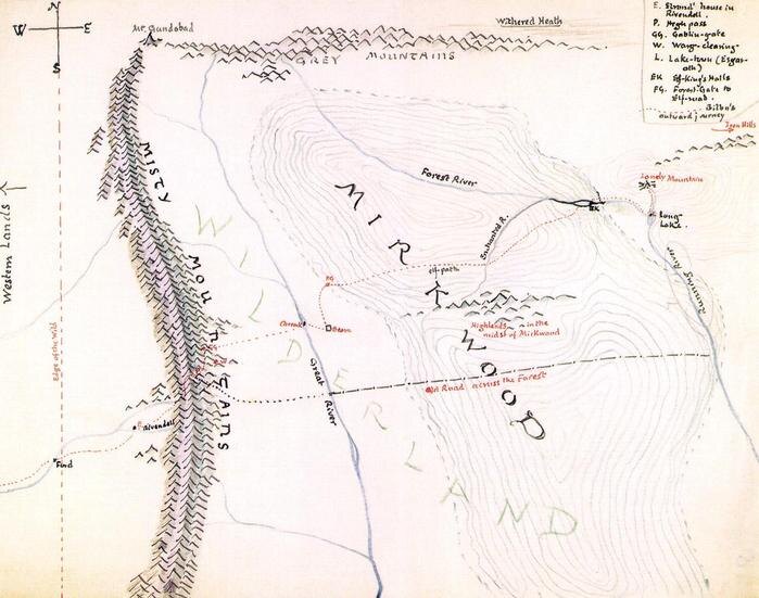 Ранний вариант карты диких земельКарта нарисована Дж. Р. Р. Толкином.